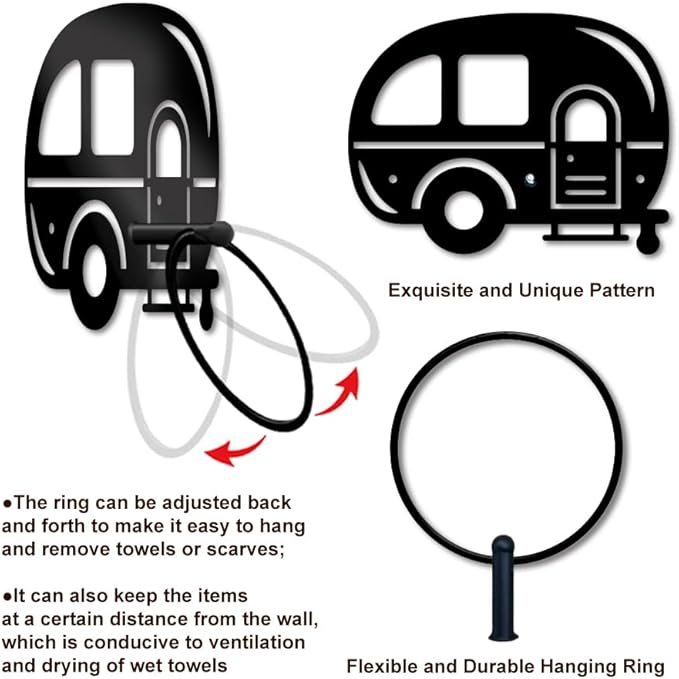MAYJOYDIY Camping Metal Towel Ring Camping Car Hand Towel Holder Round Cartoon Car Towel Hangers Black Bathroom Towel Rack Wall Mounted for Kitchen Bath Home Laundry Room Decors Gifts