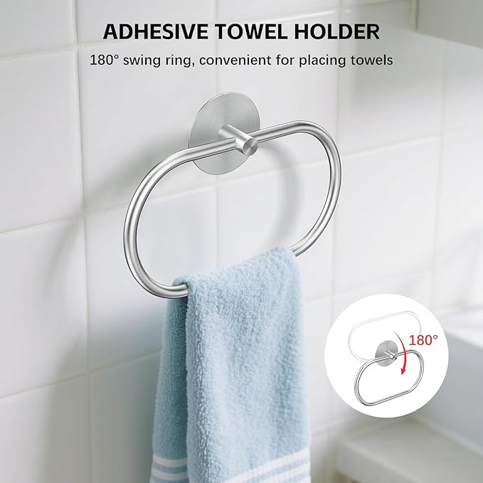 Adhesive Towel Holder Brushed Nickel Hand Towel Holder for Bathroom Wall Stainless Steel Towel Ring for Bathroom Decor and Accessories No Drilling, 2 Packs