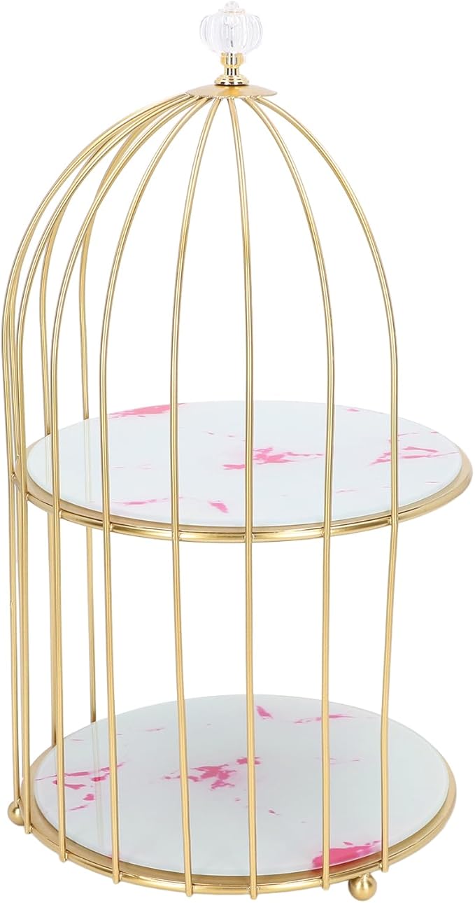 Double Layer Storage Shelf Bird Cage Organizer Display Rack for Bathroom Countertop Dressing Table Gold Frame (Pink Stone Pattern)