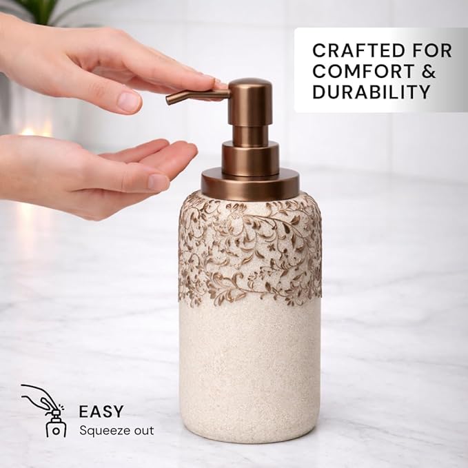 Decozen Bathroom Accessories 6Pcs Set, Soap Dispenser, Toothbrush Holders, Tumbler, Soap Dish & Cotton Swab Jar – Modern Bathroom Decor, Modern Farmhouse Decor, Countertop Accessories, Beige