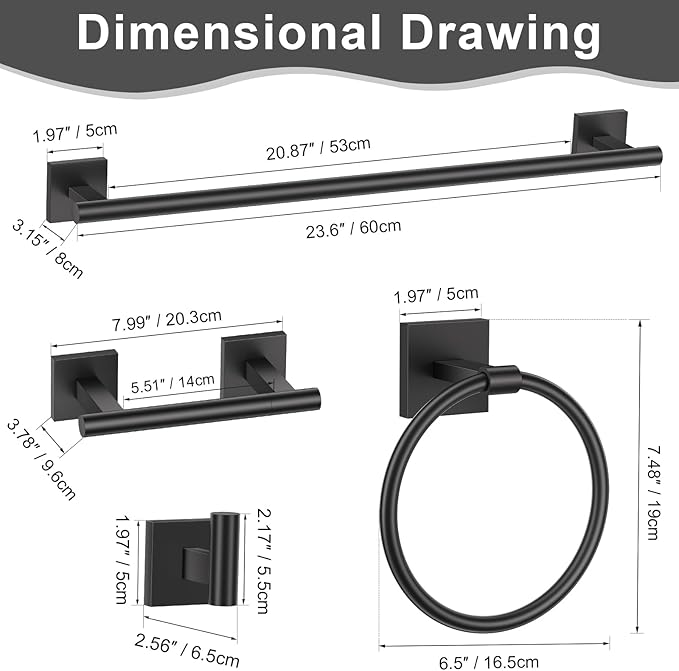 Matte Black Bathroom Hardware Accessories Towel Bar Set 5 Pieces Double Dase Toilet Paper Holder Towel Holder Set 23.6 Inch Stainless Steel Towel Rack for Bathroom Wall Mounted