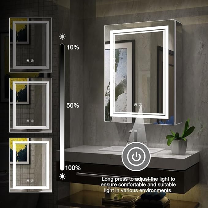 High-End Led Medicine Cabinet,Lighted Medicine Cabinet,3 Colors&Dimmable,Demister,Lighted Glass Shelf,USB Shaver Socket.Surface Mount or Recess Mount,20×28inch
