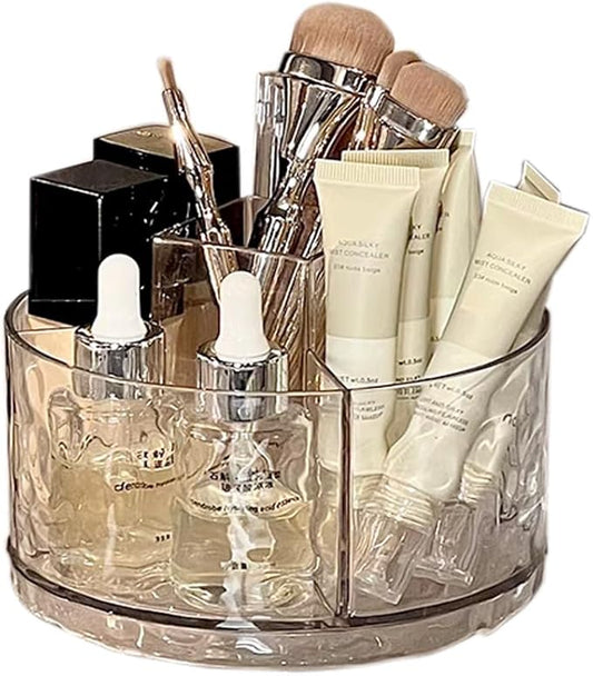 Multifunction Cosmetic Organizer, Rotating Makeup Brush Holder with Multi-Compartment Design, Countertop Organizer for Vanity, Bathroom Counter, Pantry, Cabinet (Transparent Ripple)