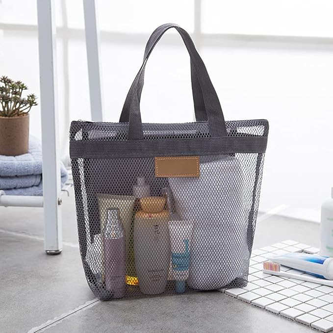 Mesh Shower Caddy, Quick Dry Portable Tote with Zipper and Inner Pocket, Beach Bag, Lightweight Bath Organizer for College Dorm, Swimming, Gym, Beach, Travel (Gray)