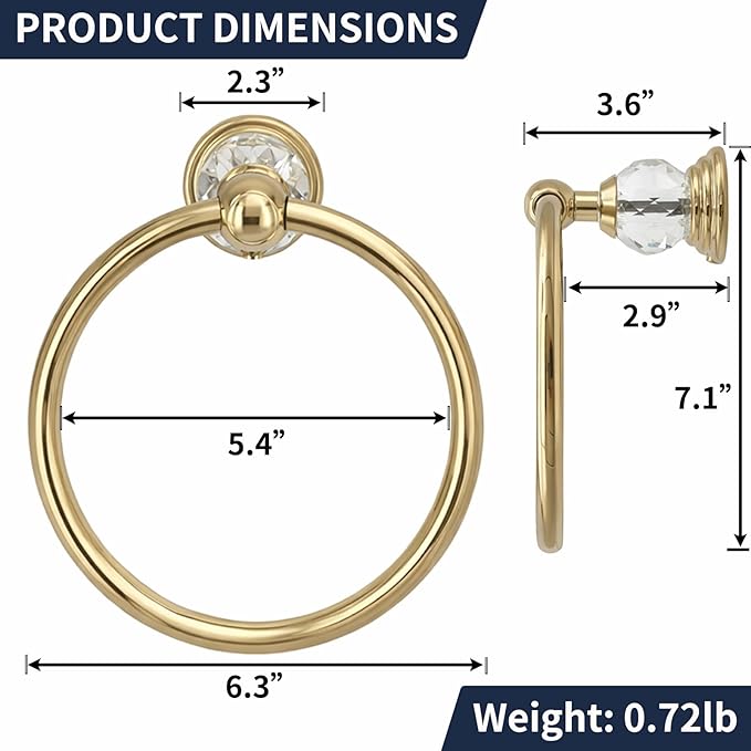Gold Towel Ring with Crystal, Round Hand Towel Holders for Bathrooms, Stainless Steel Hand Towel Rack Wall Mounted for Luxury Modern Bathroom, Kitchen, Hotel