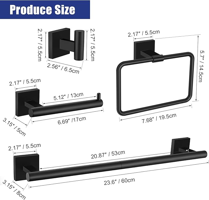 TNOMS 5 Pieces Matte Black Bathroom Hardware Set Black Towel Bar Set for Bathroom SUS304 Stainless Steel Wall-Mounted Towel Racks Set 23.6 Inch