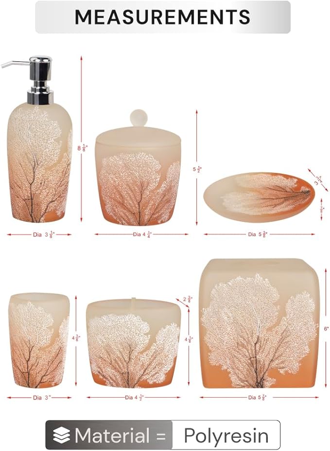 Decozen Bathroom Accessories 6Pcs Set, Soap Dispenser, Toothbrush Holders, Tumbler, Soap Dish & Cotton Swab Jar – Modern Bathroom Decor, Modern Farmhouse Decor, Countertop Accessories, Orange
