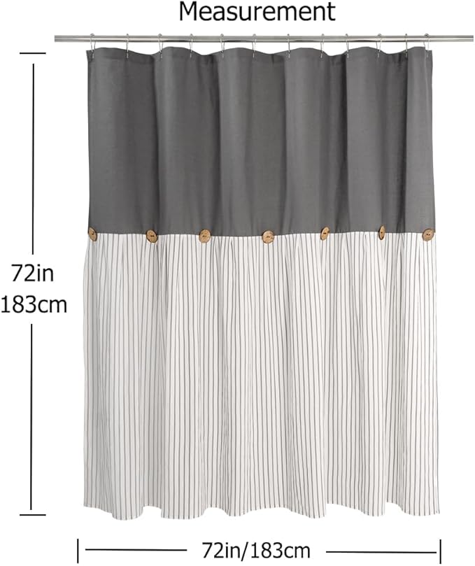 Farmhouse Shower Curtain, Beige and Gray Stripe, Button Curtain, Linen and Cotton Woven Fabric, Rustic Charm Country Chic Style, 72x72 in