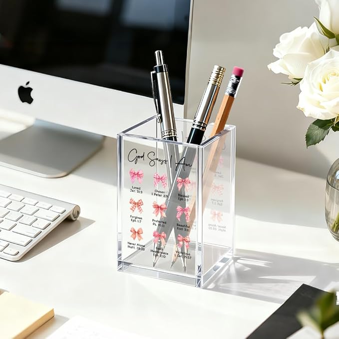 God Says I Am Loved Acrylic Bible Cosmetic Organizer Pen Holder, Funny Christian Acrylic Pencil Pen Holder for Desk, Religious Gifts for Women Coworker Teacher, Bible Verse Pencil Cup for Friend
