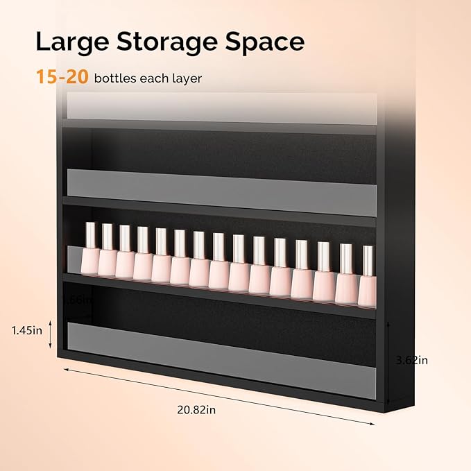OmySalon Nail Polish Organizer Wall Mount - Holds 120+ Bottles with Acrylic Barrier, Salon Display Rack for Home Spa & Nail Studio - Assembly Required, Wooden Polish Storage (Black, 6-Tier)