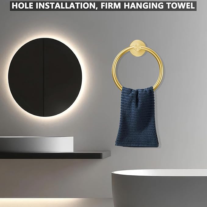 WOOPHEN Hand Towel Ring, Thicken Stainless Steel Bath Towel Holder Modern Round Towel Hanger Wall Mounted for Bathroom, Kitchen (Gold)