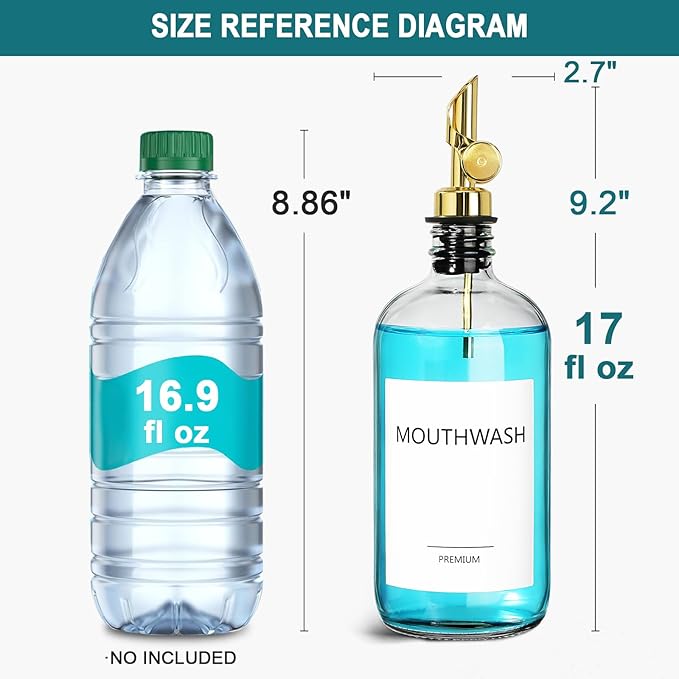 Mouthwash Dispenser for Bathroom, Glass Mouthwash Dispenser with Cup, Mouth Wash Container Bottle with Cup, Refillable Mouthwash Decanter, Clear, 1 Pack, 17oz