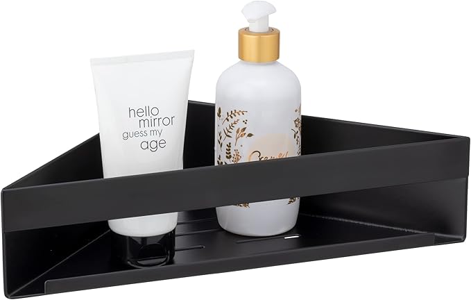 WENKO Turbo-Loc Genova Black Corner Shelf, Bathroom Shelf Made of Matt Lacquered Stainless Steel for Attaching No Drilling with Adhesive Pad System, Space-Saving Storage of Care Products, 36 x 8 x 17