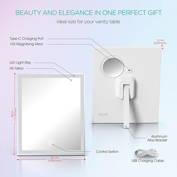 VOYOR Vanity Mirror with Lights, 11.8"x9.8" LED Makeup Mirror, 3 Light Modes, 10X Magnification, Smart Touch Control, Rechargeable Lighted Makeup Mirror for Bedroom Bathroom Dressing Room