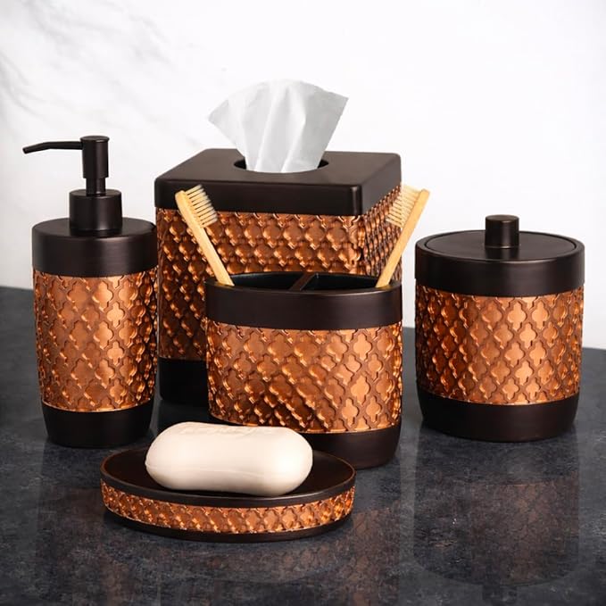 Decozen Bathroom Accessories 6Pcs Set, Soap Dispenser, Toothbrush Holders, Tumbler, Soap Dish & Cotton Swab Jar – Modern Bathroom Decor, Modern Farmhouse Decor, Countertop Accessories, Gold