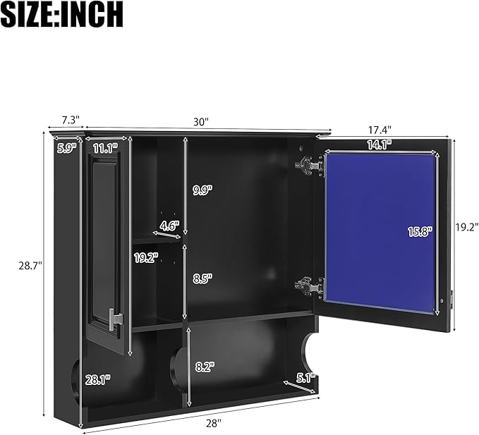 Bathroom Wall Cabinet with Mirror, Medicine Cabinet with 2 Doors and Adjustable Shelf, Space Saver Storage Cabinets Over The Toilet for Bathroom (30'' x 28'')