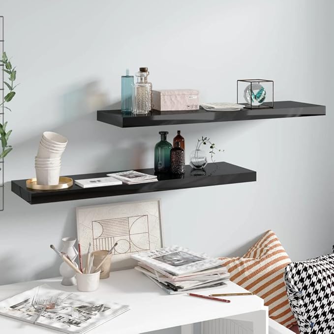 Floating Wall Shelves 2 Pack High Gloss Black Modern Display Rack 35.4x9.3 Inches for Living Room Bedroom Office Decor Books Plants Photos Awards