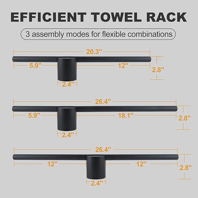 Adjustable Length Stainless Steel Towel Rack - 18-24 Inch Fit, 26.4 Inch Total Length - Matte Black 304 Stainless Steel Towel bar for Bathroom & Kitchen