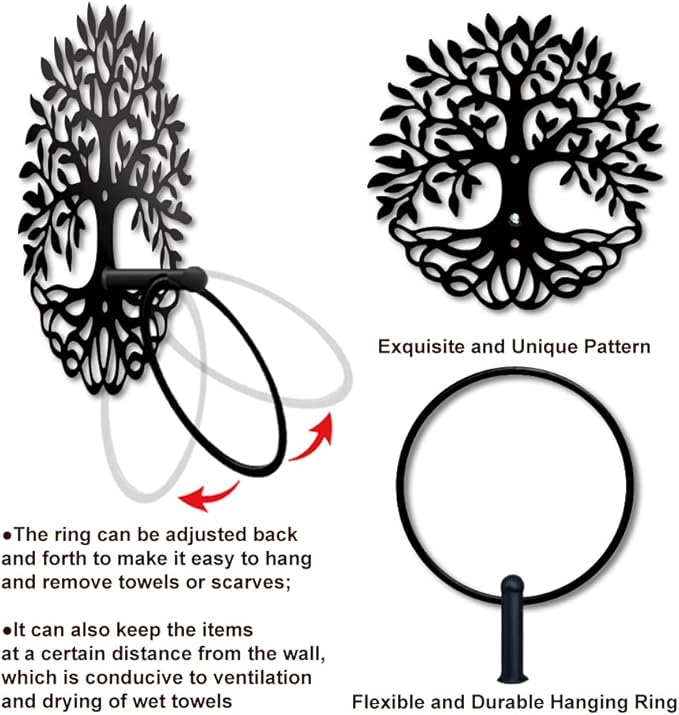 MAYJOYDIY Tree of Life Metal Towel Ring Leafy Plant Towel Holder Tree Bath Towel Ring for Wall Black Art Towel Rack Wall Mounted for Bathroom Kitchen Towel Hanger Home Decors Gift