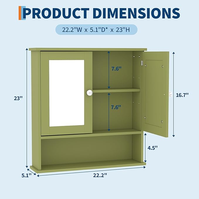 Bathroom Wall Cabinet with Mirrored Doors – Slim Medicine Cabinet with Adjustable Shelf – 2.2x23x5.1 Inch Compact Wall Cabinet for Bathroom, Kitchen, Laundry Room, Entryway