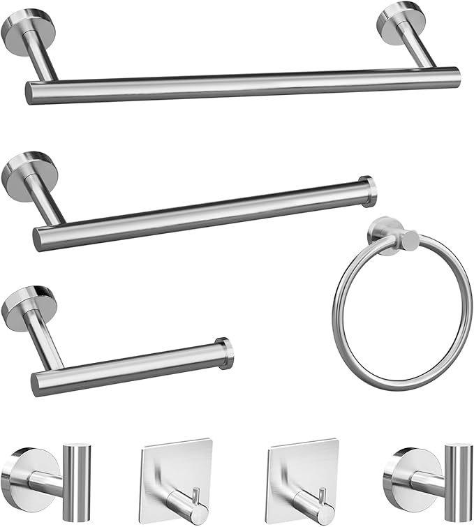 Round Brushed Nickel Bathroom Hardware: 8 Pieces Stainless Steel Bath Accessories Set - Including Wall Mounted Towel Rack&Toilet Paper Holder&Towel Ring&Robe Towel Hook
