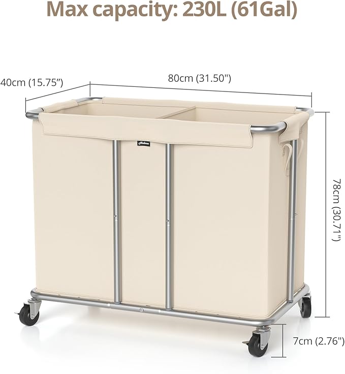 Hodonas 230L Rolling Laundry Hamper, 2-Section Laundry Basket with Wheels, 61 Gallons Laundry Sorter with Metal Structure and Removable Liner, Clothes Hamper for Laundry Room, Bathroom, Bedroom, Beige