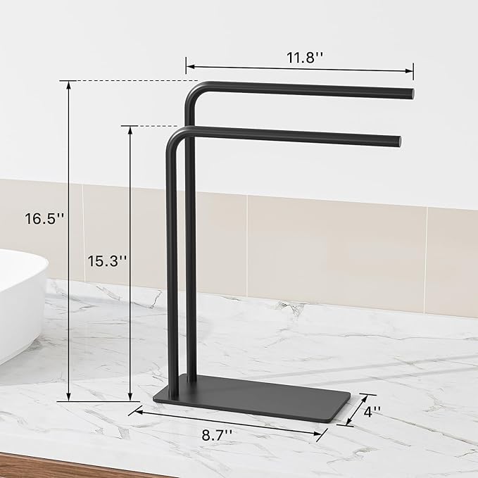 Hand Towel Holder Stand for Bathroom Kitchen Countertop, Matte Black Modern Free Standing Towel Racks with Heavy Base, Holds 2 Towels