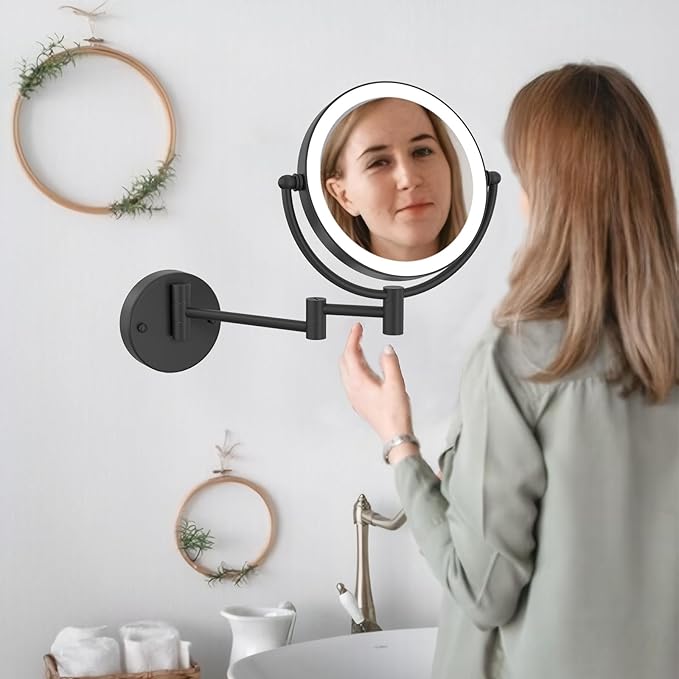 Brass Lighted Wall Mounted Mirror Magnifying 1×10×, 8-Inch Rechargeable Double Sided, Touch Dimmable Extended Arm 360 Rotation Cosmetic Mirror for Bathroom, Matt Black