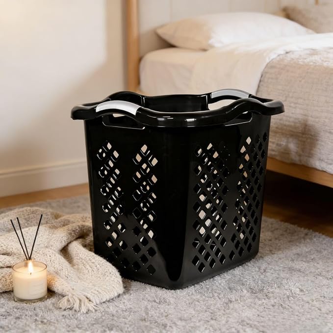 2 bushel laundry baskets with silver handles, black, 2-pack