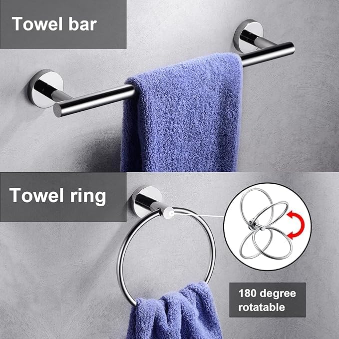 10 Pieces Polished Chrome Bathroom Hardware Accessories Set,Hand Towel Ring,16 inch Towel Bar,Toilet Paper Holder,4pcsTowel Hooks,Round SUS304 Stainless Steel Heavy Duty Wall Mount Holder,Towel Rack