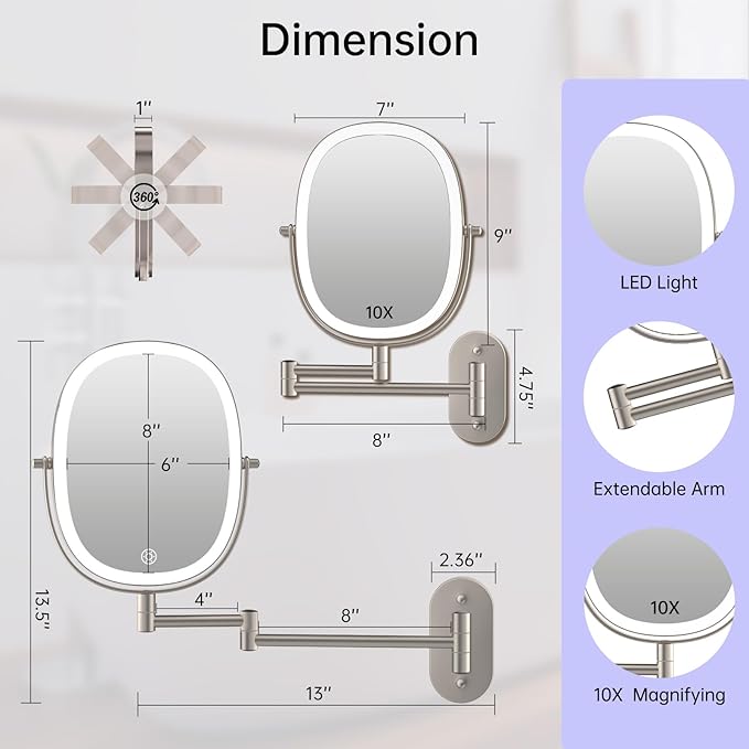 FUNTOUCH Rechargeable Wall Mounted Lighted Makeup Mirror, Oval Double-Sided Mirror 1X/10X Magnifying Mirror,3 Color Lights Touch Screen Dimmable 360°Swivel 13 Inch Extendable,Nickel