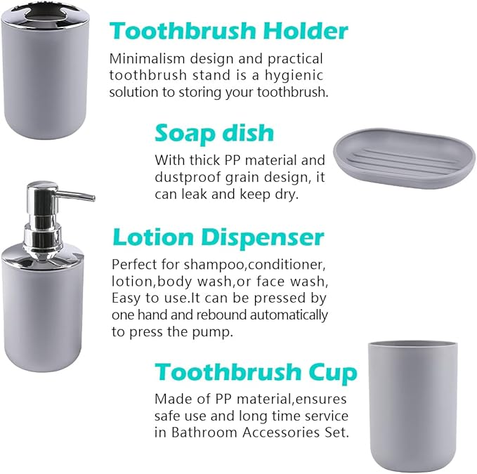 Papillon Bathroom Accessories - 6 Piece Plastic Gift Toothbrush Holder,Toothbrush Cup,Soap Dispenser & Dish,Toilet Brush Holder,Trash Can,Tumbler Straw Set (Gray)