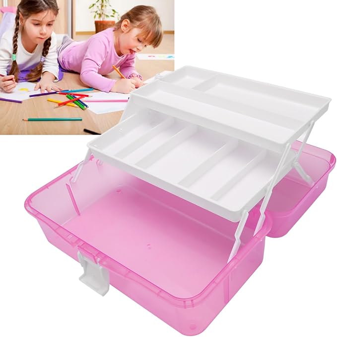 Zerodis 3 Layers Storage Box, Transparent Lid Plastic Portable Storage Box Sturdy Non Deformable Storage Case with Handle Art Craft Storage Box for Cosmetics Jewelry Nail Tools (Red)