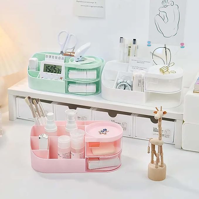 Makeup Organizer Stand Desk Storage Dressing Table Organiser Cosmetic Organizer Box Skin Care Table Bathroom Organiser Makeup Storage Box Makeup Vanity with Transparent Drawer(Green)
