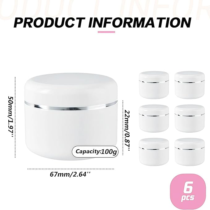 Empty White Silver Edge Portable Refillable Plastic Cosmetic Makeup Face Cream Jar Sample Container Bottle Pot (100ml(3.4oz)-6PCS)