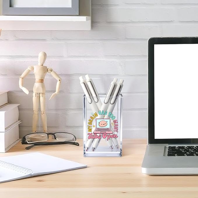 My Brain Has Too Many Tabs Open Acrylic Cosmetic Pencil Pen Holder Cup, Cute Desk Organizer Accessory for Home Office Decor, Funny ADHD Gifts, Humor Sarcastic Work Gifts for Women Coworker Boss