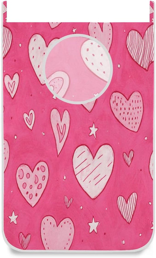 Hot Pink Hearts Stars Hanging Laundry Hamper Door Hampers Bag Basket with Stainless Steel Hooks Oxford Fabric Printing Decorative Clothes Bags 29.5X20inch 1Pack