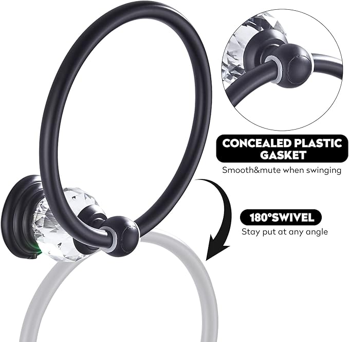 WINCASE Crystal Towel Ring, Black Hand Towel Holder, Bathroom Round Towel Hanger Racks Wall Mount Matte Black