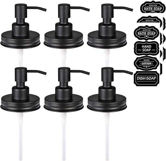 Amolliar Mason Jar Liquid Soap Dispenser Lid, 304 Stainless Steel Pump Lid for 16oz Regular Mouth Mason Jar, Rustic Farmhouse Decor, Hand Soap, Dish Soap, Lotion Soap, Black 6 Pack, Extra 3 Long Tubes