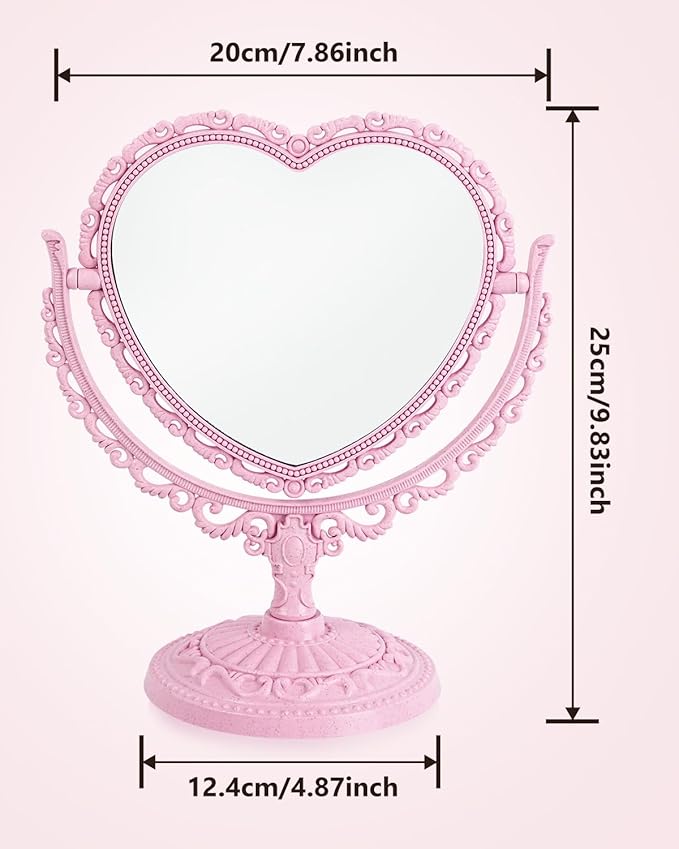 Heart Shaped Cute Vanity Princess Mirror for Desk,Double-Sided Rotatable Table with Stand Downtown Girl Room Coquette Decor (Pink)