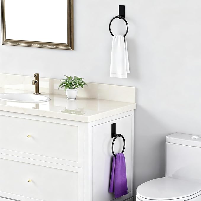2 Pack Towel Ring, Hand Towel Holder for Bathroom, Self Adhesive Round Hand Towel Rings, Stainless Steel Towel Hanger Heavy Duty Towel Racks Stick On Wall for Kitchen, Matte Black