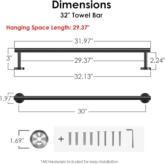 FORIOUS Towel Bar Wall Mounted, Stainless Steel Towel Racks for Bathroom, Includes Wall Mounting Hardware (Matte Black, 32 Inch)