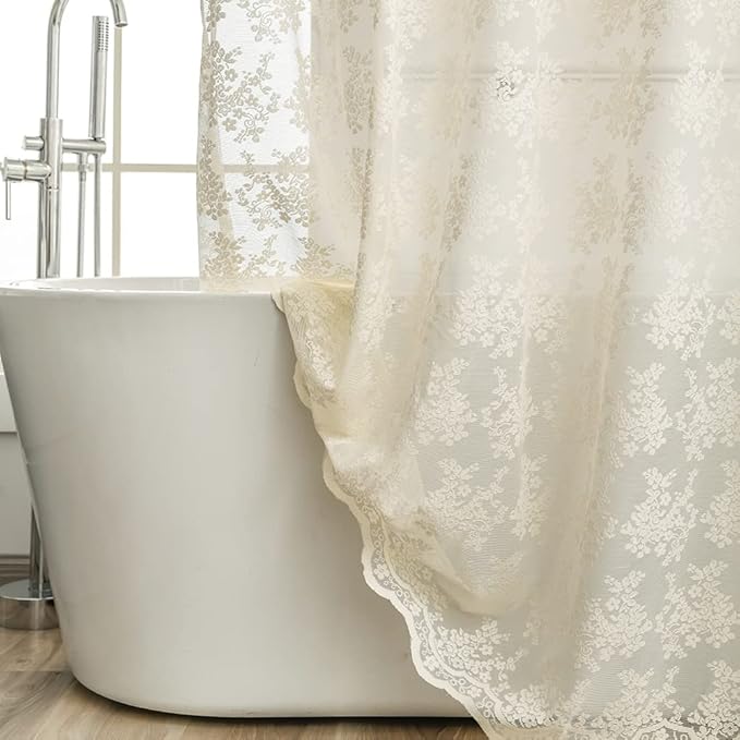 YJ YANJUN Ivory Lace Shower Curtain - Shabby Chic Flower Shower Curtain with Attached Valance, Luxury Lace Curtain for Bathroom, Farmhouse Shower Curtains, 72 x 72 Inch, Light Beige