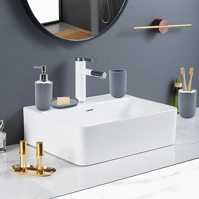 Bathroom Accessory Set, 4 pcs Shatter-Resistant Resin Bathroom Accessories Set Include Lotion Soap Dispenser Toothbrush Holder Soap Dish Modern Bathroom Decor, Gift for Home (Grey 4pcs)