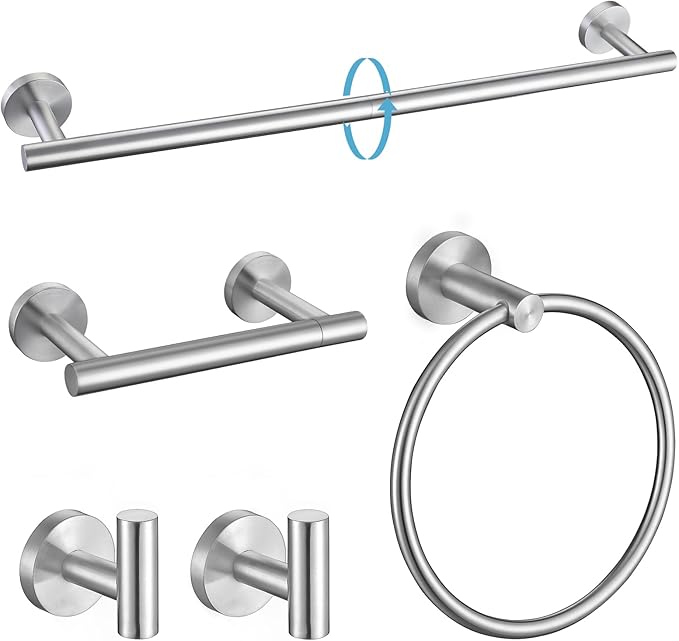 TURS Brushed Steel 5 Piece Bathroom Hardware Set, SUS304 Stainless Steel Bath Towel Bar Set, 24 Inch Bathroom Accessories Kit Wall Mounted