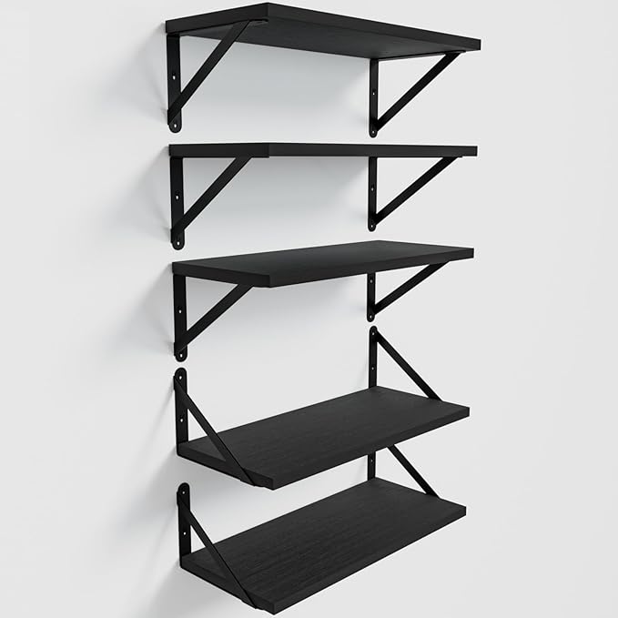 Wall Shelves 7.3" Deep Set of 5, Solid Paulownia Wood Wider Longer Sturdy Easy to Install Wall Mounted Bookshelves Storage Shelves Bathroom Home Office Laundry Room Bedroom Organizer Black