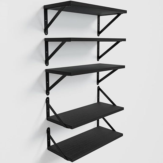 Wall Shelves 7.3" Deep Set of 5, Solid Paulownia Wood Wider Longer Sturdy Easy to Install Wall Mounted Bookshelves Storage Shelves Bathroom Home Office Laundry Room Bedroom Organizer Black
