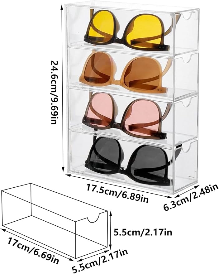 Stackable Organizer for Glasses, Sunglasses, Reading Glasses, 4 Drawers, Clear Acrylic Makeup Organizer for Cosmetic Storage and Organization