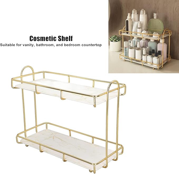 2 Tier Bathroom Shelf Countertop Standing Shelf with Partition Cosmetic Storage Rack Holder Gold (Small 31x23cm)