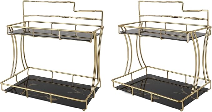 Double Layer Countertop Storage Rack, Bathroom Countertop Organizer with Electric Toothbrush Holder, Iron and Glass Counter Shelf for Toiletries and Cosmetics (Black Background Gold Grain)
